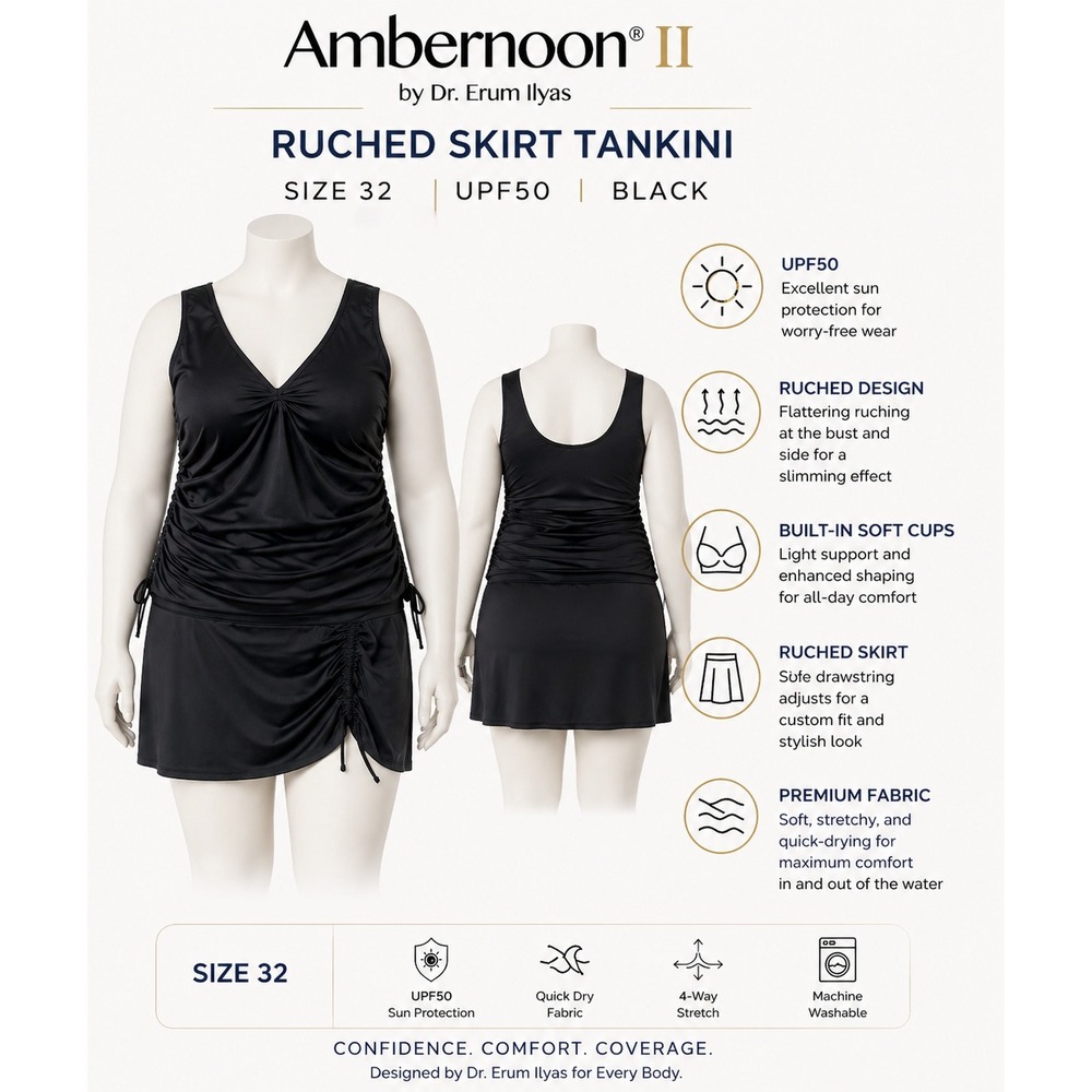 Ambernoon II Dr Erum Ilyas Womens Black UPF50 Ruched Skirt Tankini Set A473660